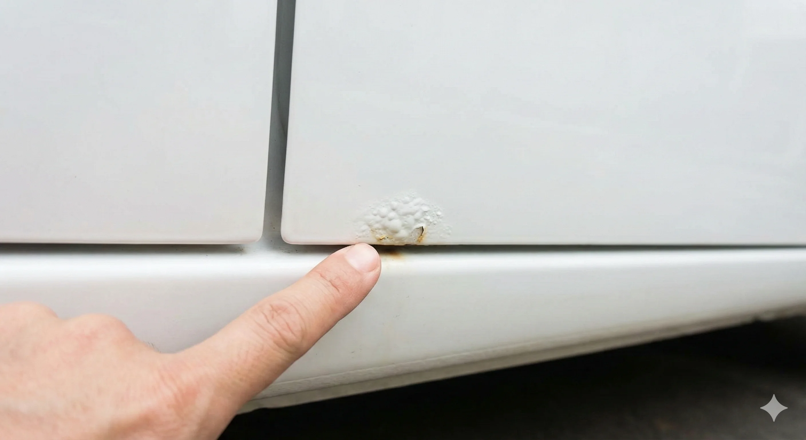 Finger pointing at paint bubbling on the bottom seam of a white car door caused by rust pushing through from inside