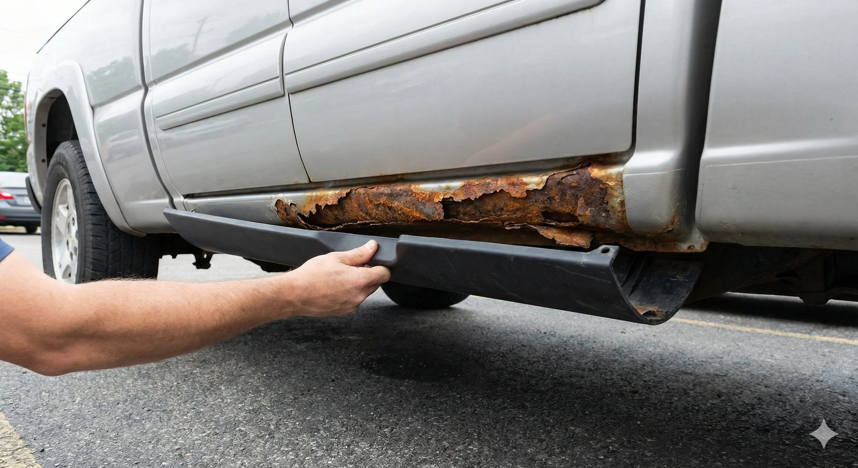 Hand pulling back plastic rocker panel cover on a truck revealing severe rust damage and holes underneath