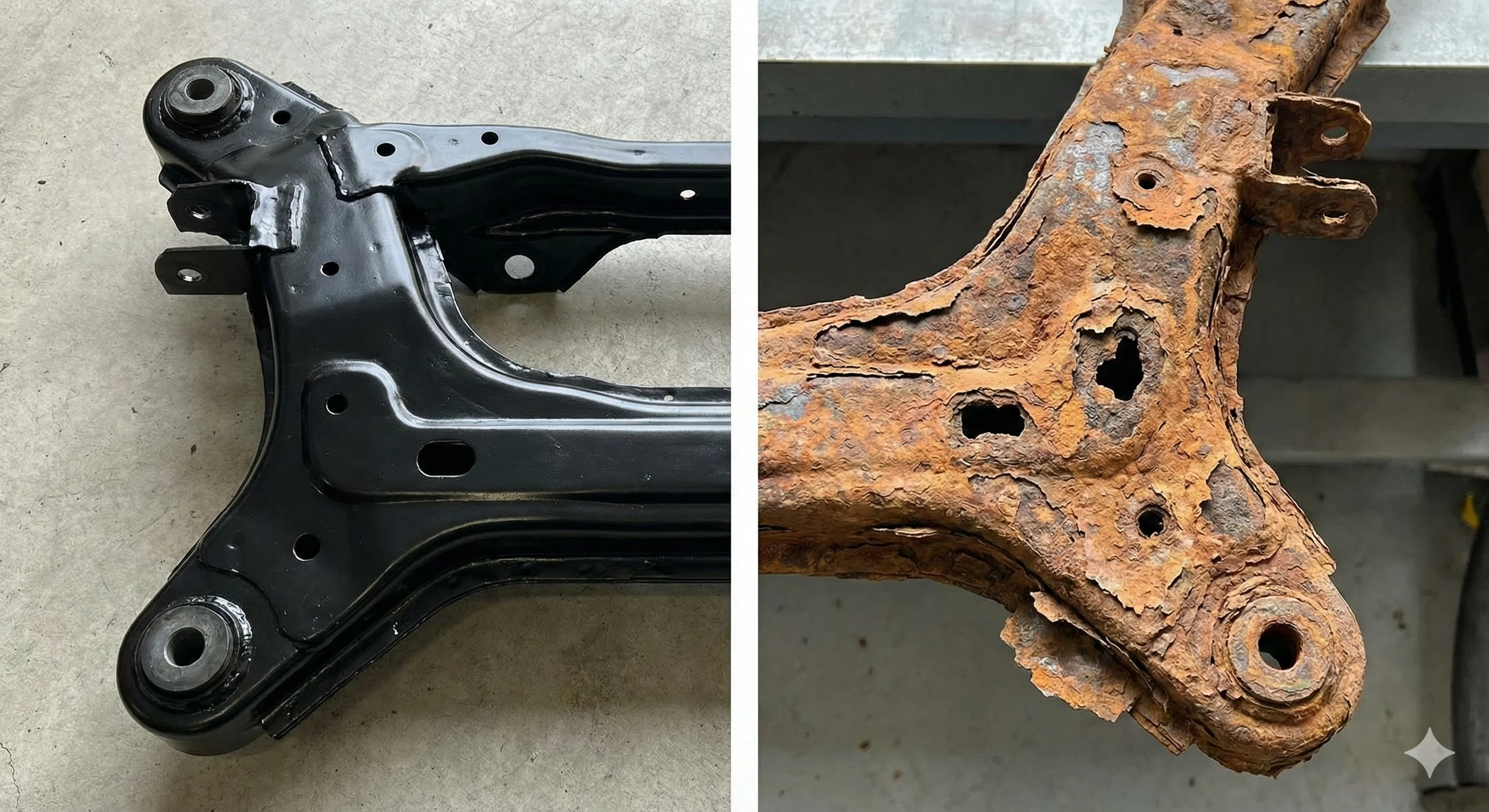 Side-by-side comparison showing a clean black painted car subframe on the left versus a severely corroded rusted subframe with holes and flaking metal on the right
